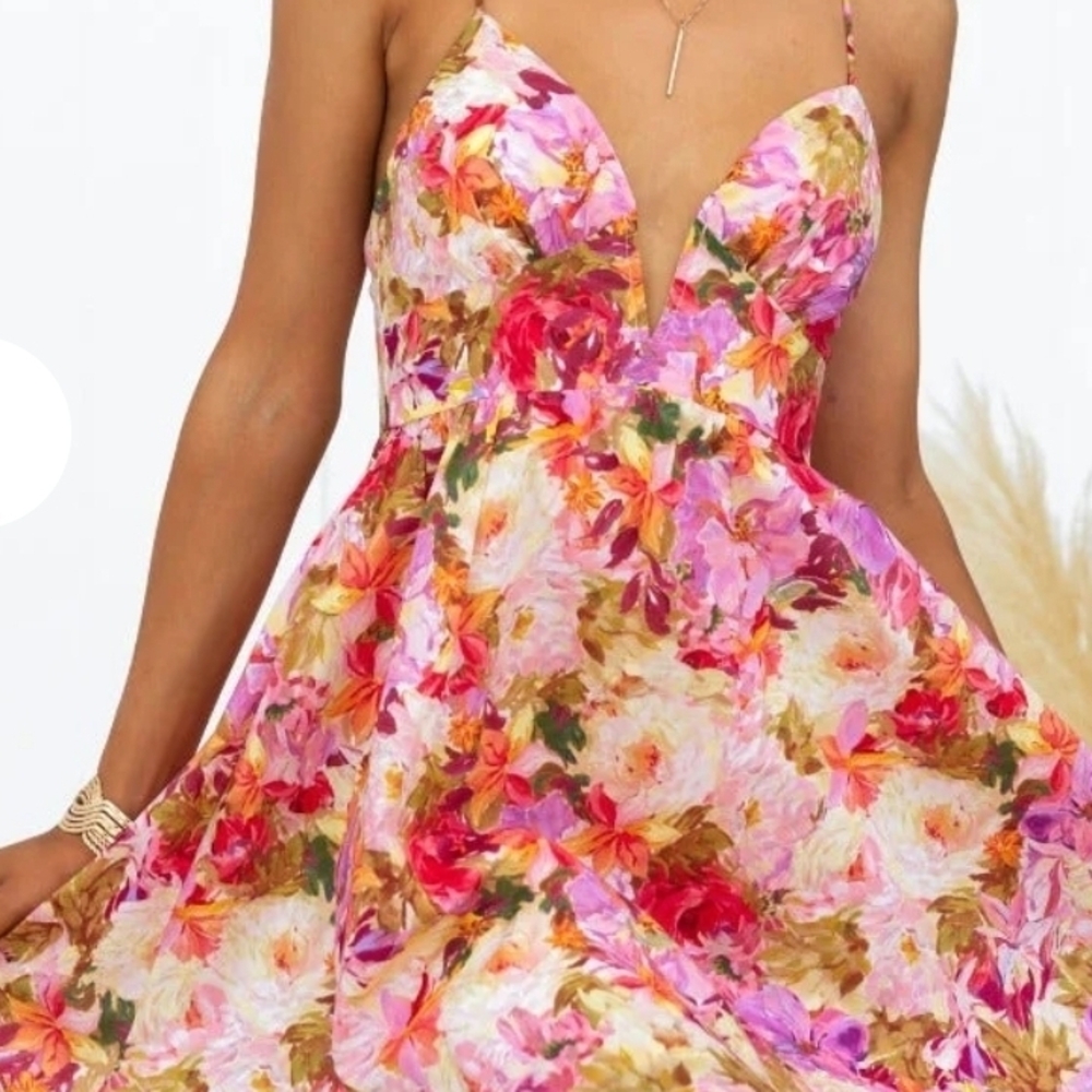 Floral Pink Deep V A-Line Sundress Medium